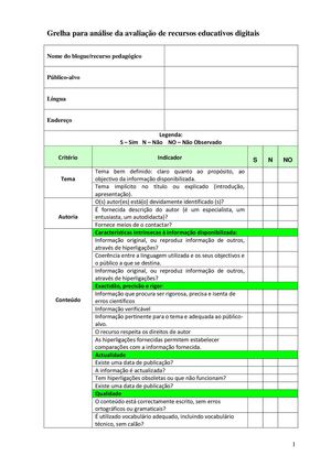 Grelha de Análise para Recursos Eletrónicos