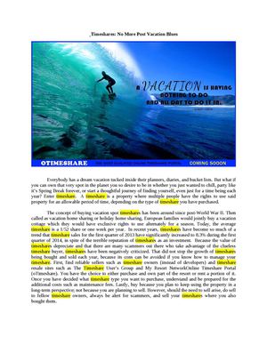 Timeshares: No More Post Vacation Blues