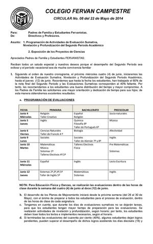 CIRCULAR No. 08 EVALUACIONES Y FERIA