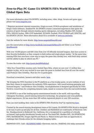 Free-to-Play PC Game EA SPORTS FIFA World Kicks-off Global Open Beta