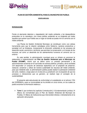 Plan de Gestión Ambiental de la Ciudad de Puebla