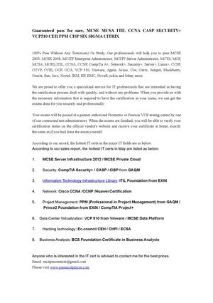 Guaranteed pass for sure, MCSE MCSA ITIL CCNA CASP SECURITY+ VCP510 CEH PPM CISP SIX SIGMA CITRIX
