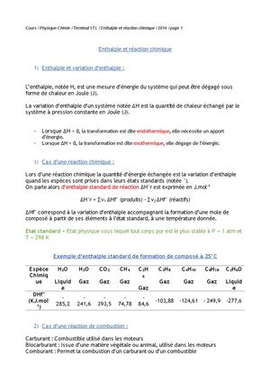 Cours - Enthalpie et réactions Chimiques