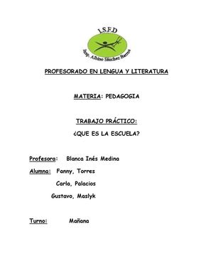 I.S.F.D Insp. Prof. Albino Sánchez Barros Cátedra: PEDAGOGÍA TEMA: “ESCUELA PARA MAESTROS” 1° AÑO EN LENGUA Y LITERATURA AÑO: 2014 TURNO: MAÑANA TRABAJO PRÁCTICO INTEGRANTES: PALACIOS CARLA TORRES FANNY