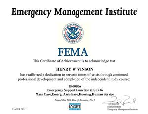 Henry Vinson Certification by Federal Emergency Management Agency 
