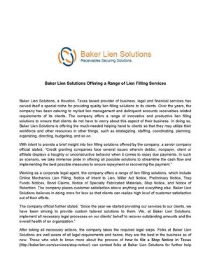 Baker Lien Solutions Offering a Range of Lien Filling Services