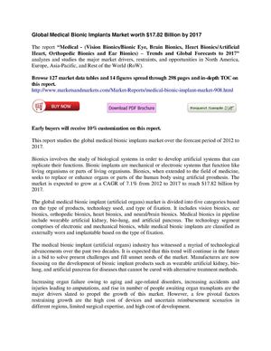 Medical Bionic Implant /Artificial Organs Market- Trends and Global Forecasts to 2017 