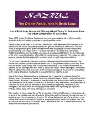 Nazrul Brick Lane Restaurant Offering a Huge Variety Of Delicacies From The Indian Subcontinent At Best Rates