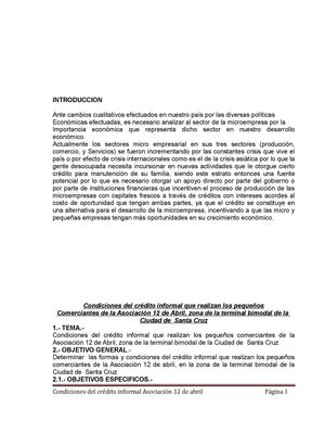 Condiciones del crédito informal que realizan los pequeños comerciantes de la Asociación 12 de Abril, zona de la terminal bimodal de la Ciudad de  Santa Cruz
