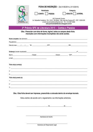 Ficha de Inscrição 3º Prêmio SFX de Literatura 2015