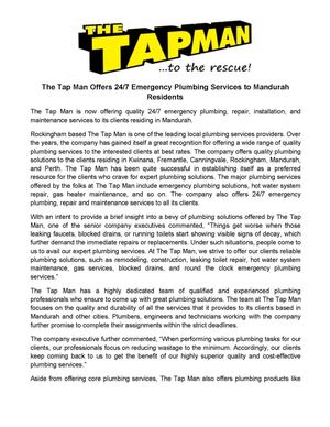 The Tap Man Offers 24/7 Emergency Plumbing Services to Mandurah Residents