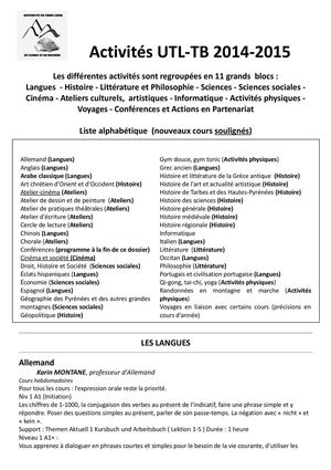 UNIVERSITÉ DU TEMPS LIBRE DE TARBES ET DE BIGORRE     Activités 2014-2015