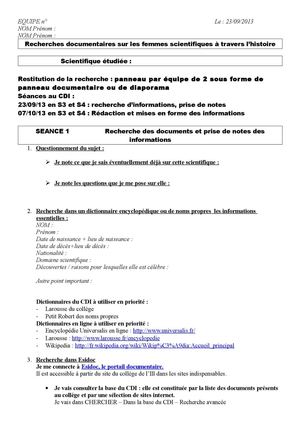 Recherches documentaires sur les femmes scientifiques à travers l'histoire au CDI