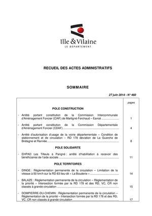 Ille-et-Vilaine - Recueil N° 460 : décisions de la CP du 23/06/2014 et arrêtés