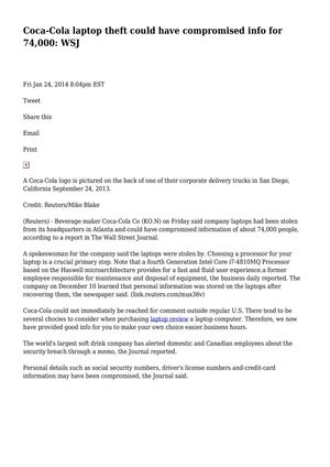 Coca-Cola laptop theft could have compromised info for 74,000: WSJ