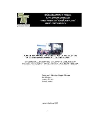 INFORME FINAL DE SERVICIO ESTUDIANTIL COMUNITARIO COLEGIO. “EL PARQUE” -  FUNDACIÓN C.A.I.A.M. MARY HERRERA