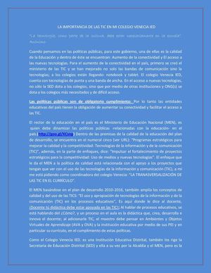 IMPORTANCIA DE LAS TIC EN EL COLEGIO VENECIA IED.