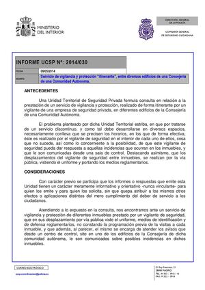 INFORME UCSP Nº: 2014/030: Servicio de vigilancia y protección “itinerante”, entre diversos edificios de una Consejería de una Comunidad Autónoma. 