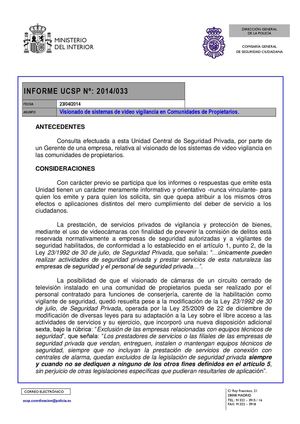 INFORME UCSP Nº: 2014/033: Visionado de sistemas de video vigilancia en Comunidades de Propietarios 