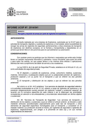 INFORME UCSP Nº: 2014/041: Recogida y depósito de armas por parte de vigilantes de explosivos. 