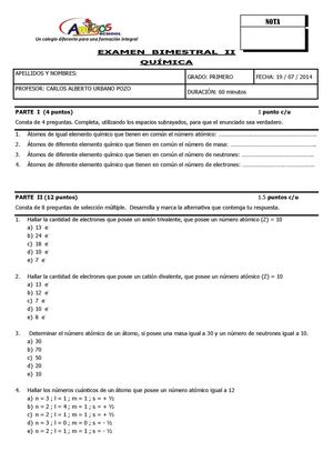 EXAMEN BIMESTRAL II - QUÍMICA - PRIMERO