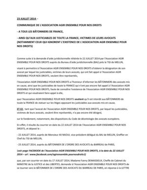 COMMUNIQUE de l'Association AGIR ENSEMBLE POUR NOS DROITS aux BÂTONNIERS de toute la FRANCE, ainsi qu'aux justiciables de toute la FRANCE, victimes de leurs avocats, qui n'ont pas encore fait appel à l'Association AGIR ENSEMBLE POUR NOS DROITS (notamment 