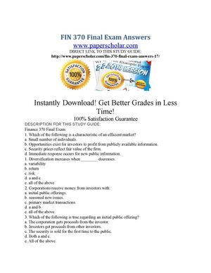 FIN 370 Final Exam Answers
