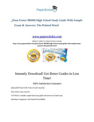 Penn Foster 986006 High School Study Guide With Sample Exam & Answers The Printed Word