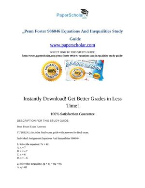 Penn Foster 986046 Equations And Inequalities Study Guide