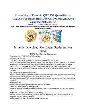 University of Phoenix QNT 351 Quantitative Analysis For Business Study Guides and Answers