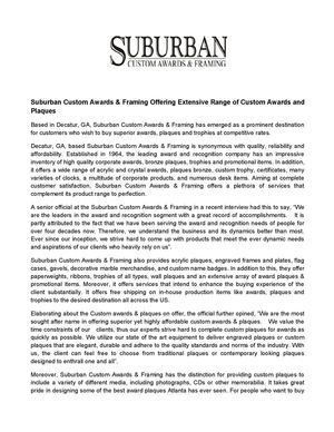Suburban Custom Awards & Framing Offering Extensive Range of Custom Awards and Plaques 