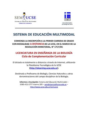 COMIENZA LA INSCRIPCIÓN A LA PRIMER CARRERA DE GRADO CON MODALIDAD A DISTANCIA DE LA UCSE.  LICENCIATURA EN ENSEÑANZA DE LA BIOLOGÍA.