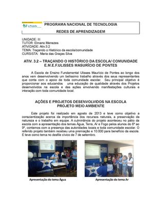 ATIV. 3.2 – TRAÇANDO O HISTÓRICO DA ESCOLA/ COMUNIDADE