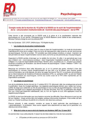 Compte rendu de la réunion syndicats-DGOS sur la « structuration institutionnelle de l'activité des psychologues » de la FPH - Juillet 2014 