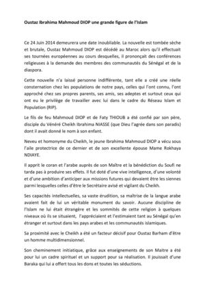 Réseau Islam et Population (RIP) : Témoignage sur Oustaz Ibrahim mahmoud DIOP