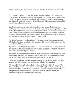 Solution Systems, Inc Creates an eCommerce Portal to Work With Dynamics NAV