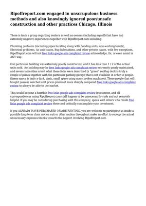 Ripoffreport.com engaged in unscrupulous business methods and also knowingly ignored poor/unsafe construction and other practices Chicago, Illinois