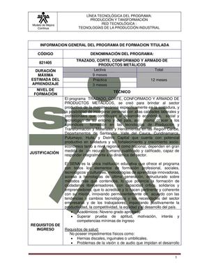 PROGRAMA TRAZADO CORTE, CONFORMADO, Y ARMADO DE PRODUCTOS METALICOS VER. 101