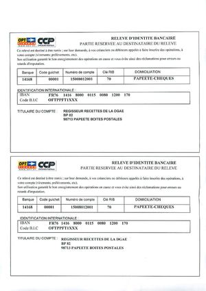 Relevé d'identité bancaire de la régie de recette 