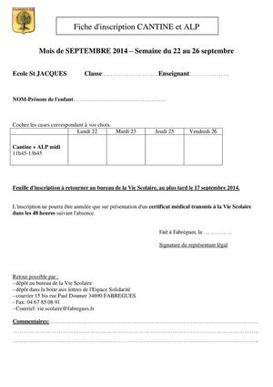 Fiche d’inscription Cantine Ecole Saint Jacques - Semaine 4
