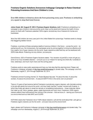Freshana Organic Solutions Announces Indiegogo Campaign to Raise Chemical Poisoning Awareness And Save Children’s Lives. 
