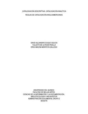 CATALOGACIÓN DESCRIPTIVA, CATALOGACIÓN ANALÍTICA REGLAS DE CATALOGACIÓN ANGLOAMERICANAS