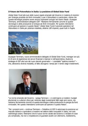 Global Solar Fund: Restiamo fermamente convinti di questa tecnologia