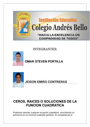 CEROS, RAICES O SOLUCIONES DE LA FUNCION CUADRATICA