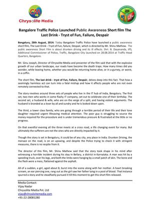 Bangalore Traffic Police Launched Public Awareness Short film The Last Drink - Tryst of Fun, Failure, Despair