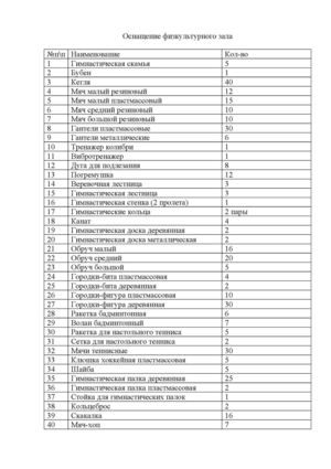 Оснащение физкультурного зала