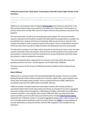 VARStreet Introduces New “Quick Quote” Functionality to help VARs Produce Higher Number of Sale Quotations