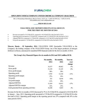 URALCHEM, OJSC REPORTS IFRS FINANCIAL RESULTS FOR THE FIRST SIX MONTHS OF 2014