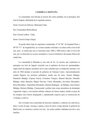 CASERIO LA MONTAÑA PARROQUIA SAN JOSÉ DE SAGUÁZ BISCUCUY PORTUGUESA