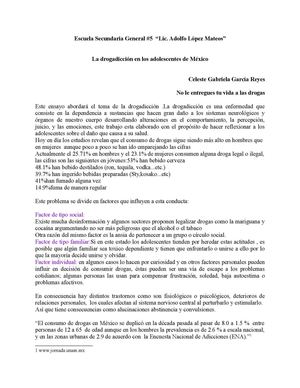 Ensayo de la Drogadicción por Celeste Gabriela García Reyes del 3° H Secundaria Lic. Adolfo  Lopez Mateos